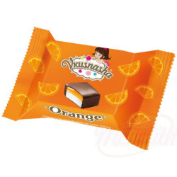 Schaumzuckerwarenkonfekt "Vkusnasha Orange" mit Gelee-Fuellung mit Orangengeschmack in kakaohaltiger Fettglasur