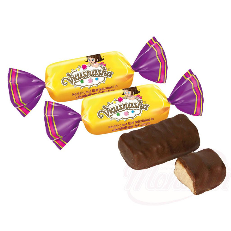 Konfekt "Vkusnasha" mit Waffelkruemel in kakaohaltiger Fettglasur / lose