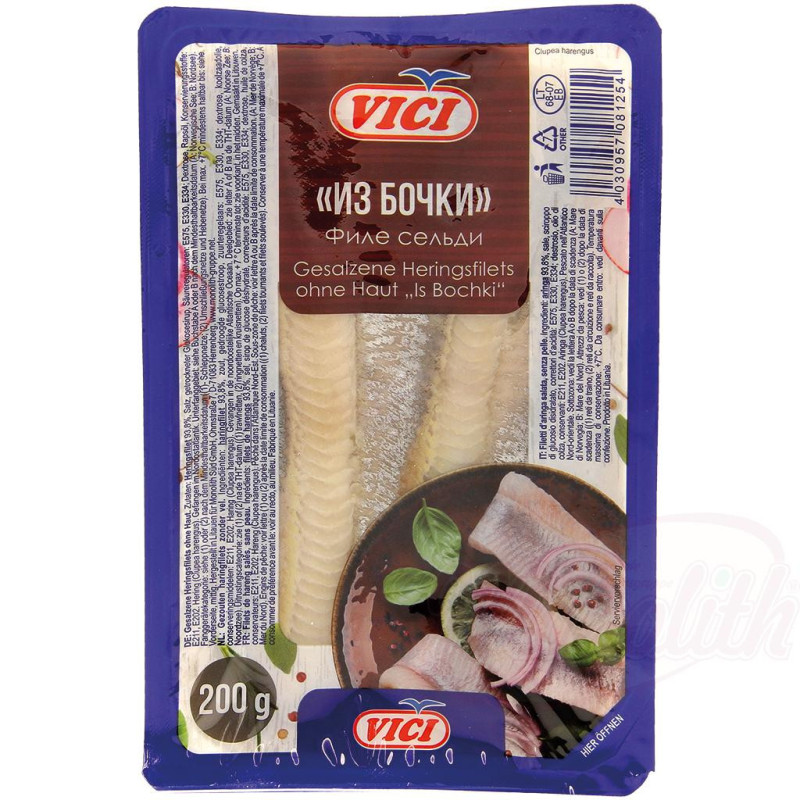 Gesalzene Heringsfilets (Clupea harengus) ohne Haut "Is Bochki"