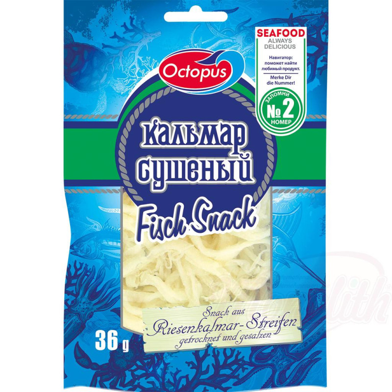 Snack aus Riesenkalmar-Streifen, getrocknet und gesalzen