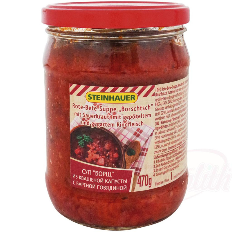 Rote-Bete-Suppe "Borschtsch" mit Sauerkraut, mit gepökeltem und gegartem Rindfleisch