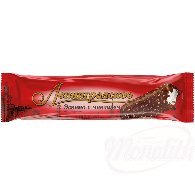 Мороженое со вкусом ванили, покрытое какао с миндалем, на палочке "Ленинградское"